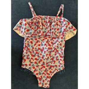 RuffleButts Girls Red Pink Floral Swimsuit 4T‎